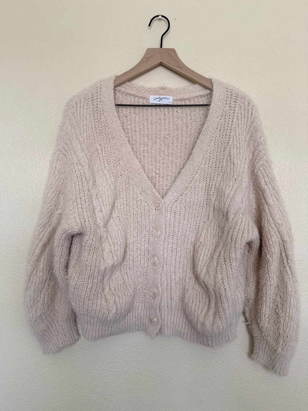 Carly Jean Los Angeles Fuzzy V-Neck Cable Cardigan - Beige